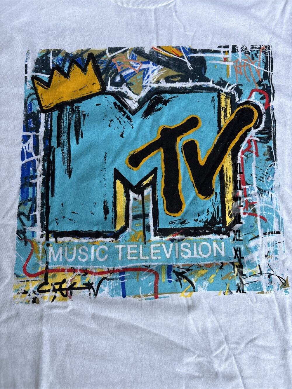 MTV Music Television Graphic T-Shirt White Graffiti Crown Street Art Mens XL